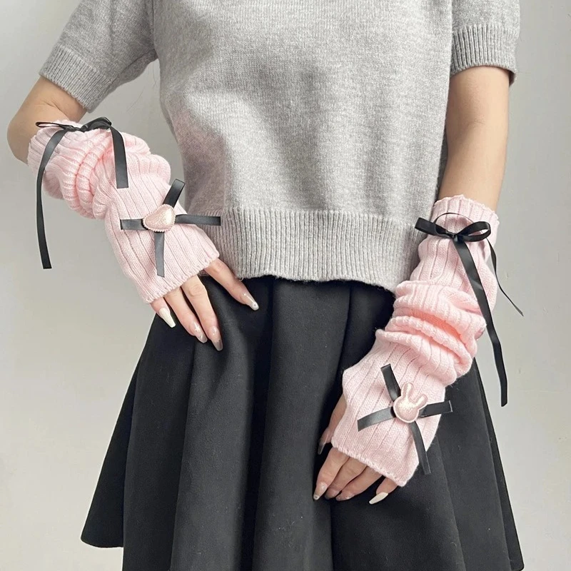 اليابانية طالبة Kawaii محبوك غطاء للذراع الحلو وتنفس لوليتا القوس الحب نصف إصبع غطاء للأكمام اليد