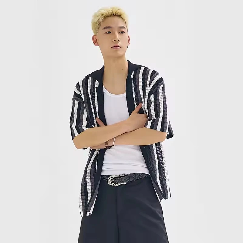 Men Summer Knitted Hollow Stripe Old Money Vintage Fashion Loose Casual Short Sleeve Cardigan Shirts Cityboy Streetwear Blouses