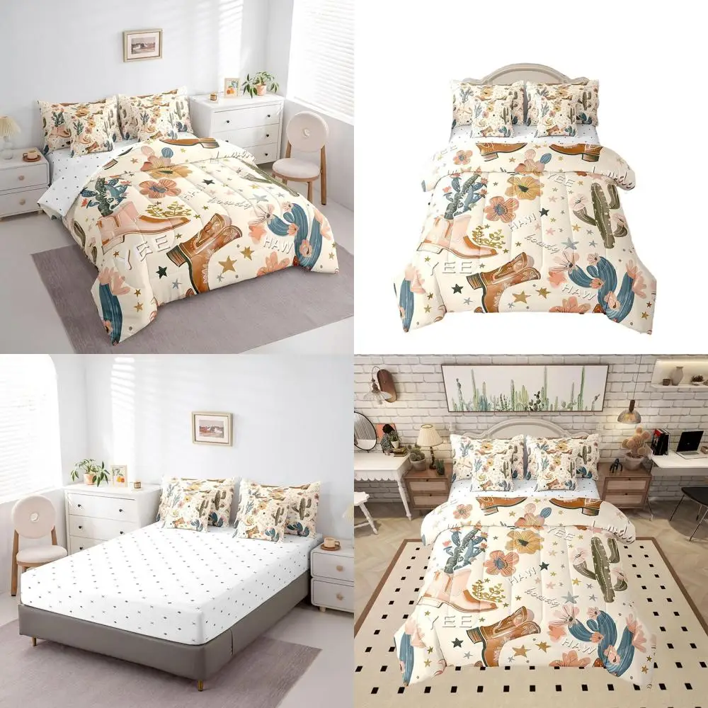 

Полноразмерный комплект одеял для девочек-ковбой, детское постельное белье на западной тематике с ковбойскими сапогами, дизайн кактуса и цветка, включает постельное белье в сумке, S