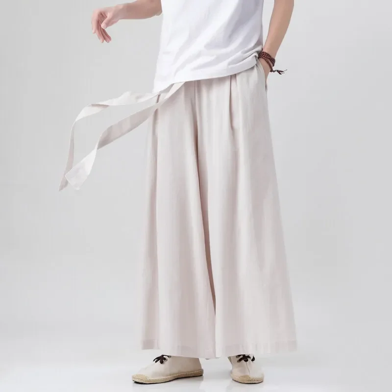 Summer Men Cotton Wide Leg Pants Men Casual Solid Color Joggers Trousers Men Oversize Streetwear Vintage Pants Men Bell Bottoms
