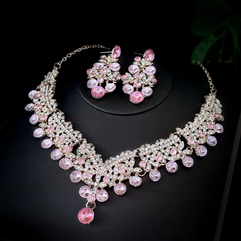 

1Set Wedding Necklace Earring Set Rhinestones Pendant Chic Jewelry Women Daily Party Gift Valentine Wedding Necklace
