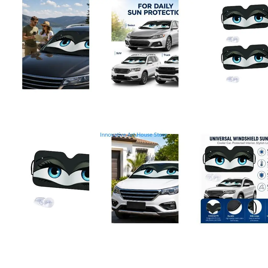E1PC Reflective Front Windshield Cover for Cars with Stowable Storage Design and Suction Cups for Warm Weather Parking