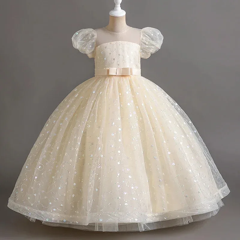 فستان بناتي طويل على طراز المحكمة الفرنسية بأكمام منتفخة وتنورة شبكية على شكل زهرة الأميرة الحلوة لأداء الأطفال #   r155