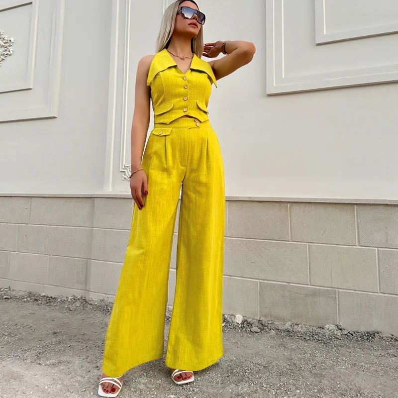 

2024 Spring Summer Fashion New Sleeveless Women Suit Office Lady Buttons Lapel Set Casual Solid Color Trousers Two Piece Sets