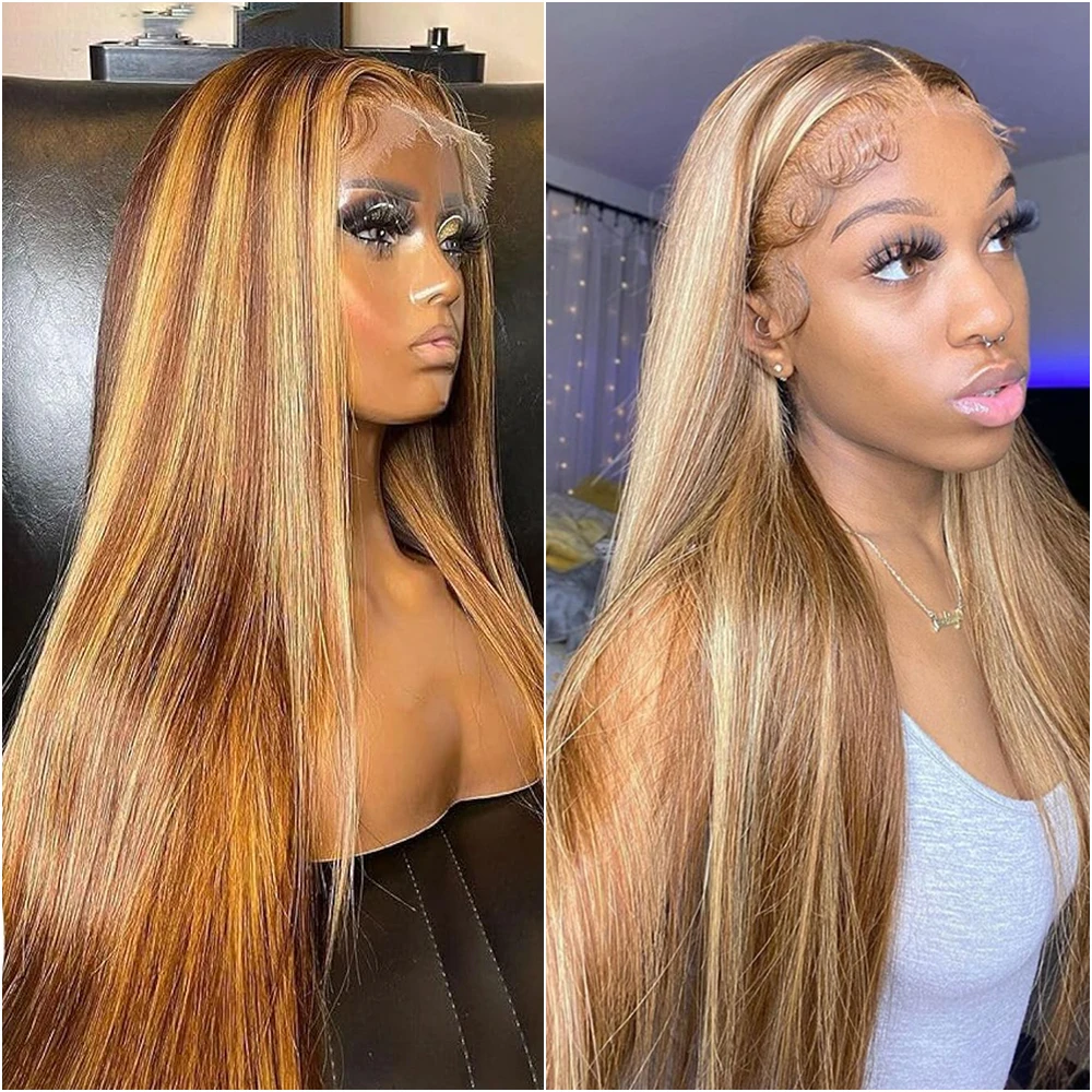 

Honey Blonde P4/27 Highlight Straight Ombre 13x6 HD Lace Frontal Wigs 13x4 Transparent HD Lace Front Wigs For Woman 200% Density