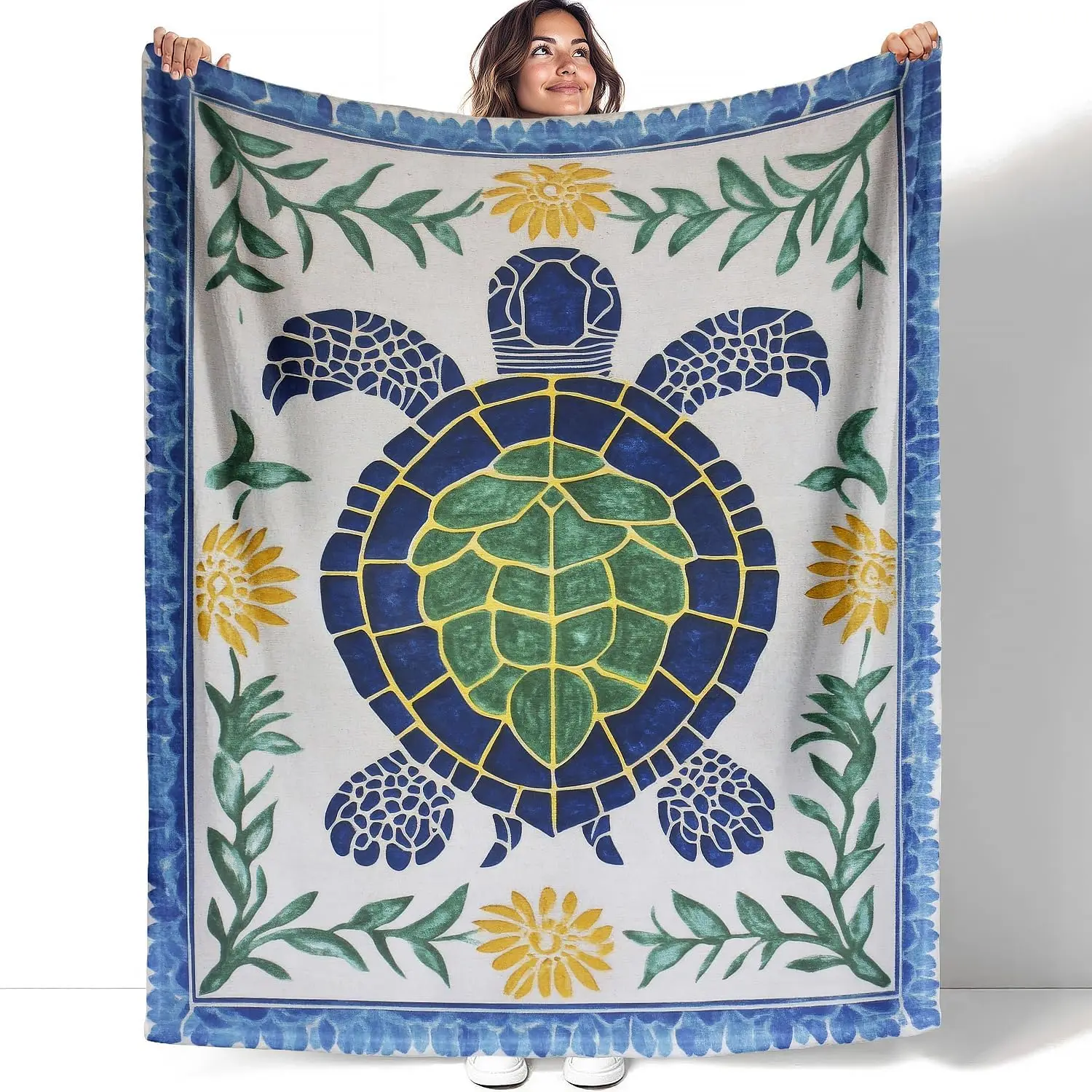 Boho White Base Stained Glass Turtle Floral Vine Blue Edges Fleece Blanket Living Room Bed Travel Indoor Daily Decoration Use