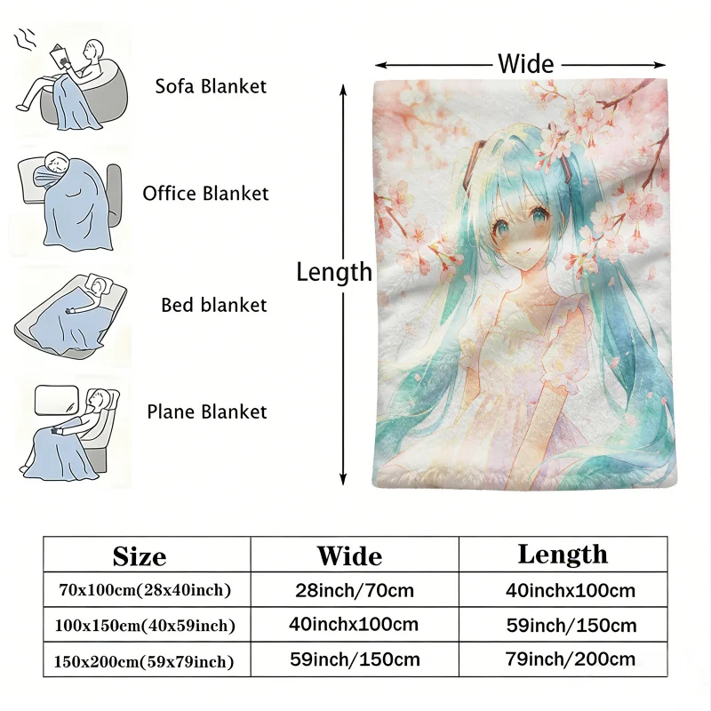 Hatsune Miku Sakura Cherry Blossom Flannel Throw Blanket Bedroom Decor Anime Nap Blanket Air Conditioner Throw Sofa Throw Cover