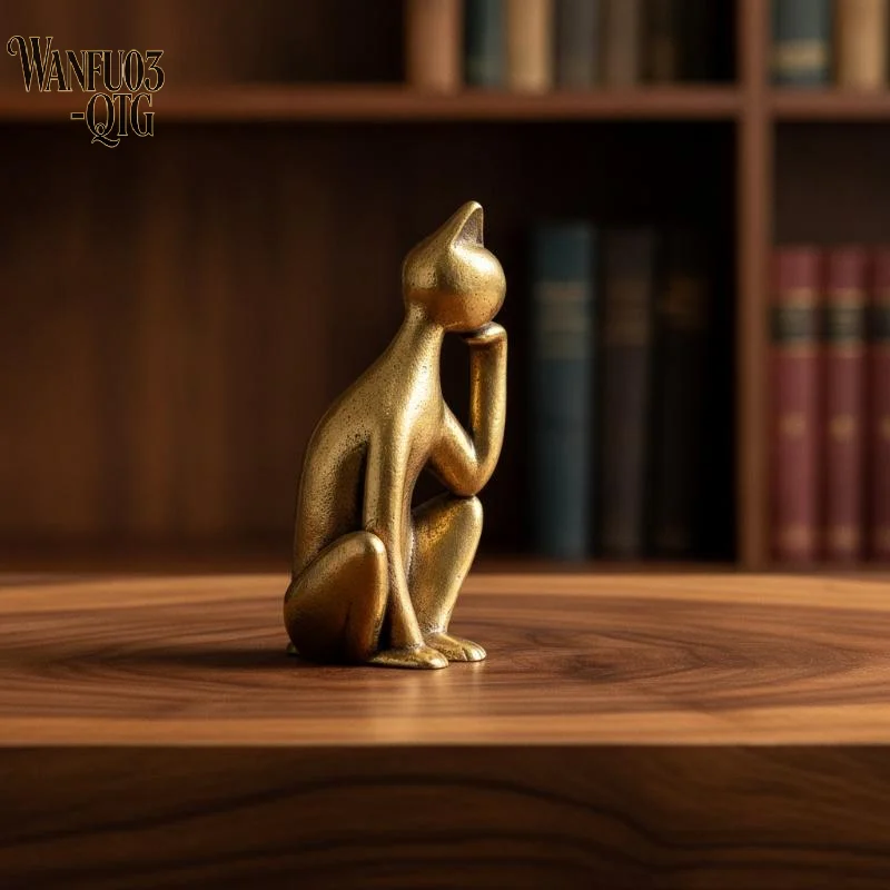 Hot Sale Mini Brass Contemplative Cat Figurine Funny Sculpture Collectible For Table Shelf Home Office Daily Display Use