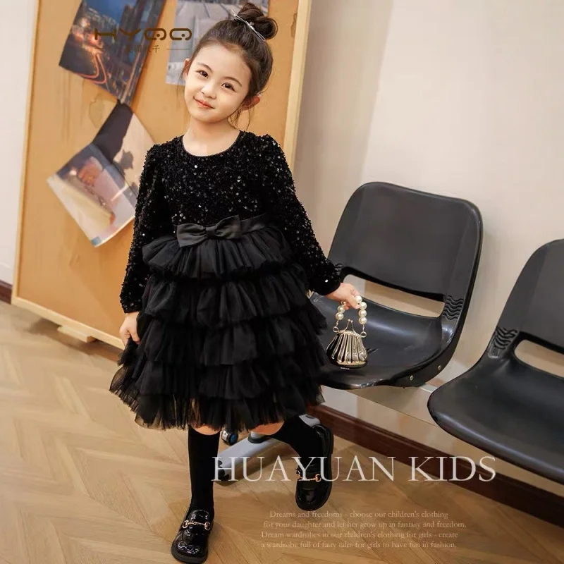 

Girls' Autumn Dress2025New Princess Style Sequin Cake Dress Girl Long Sleeve Solid Color Mesh Dress