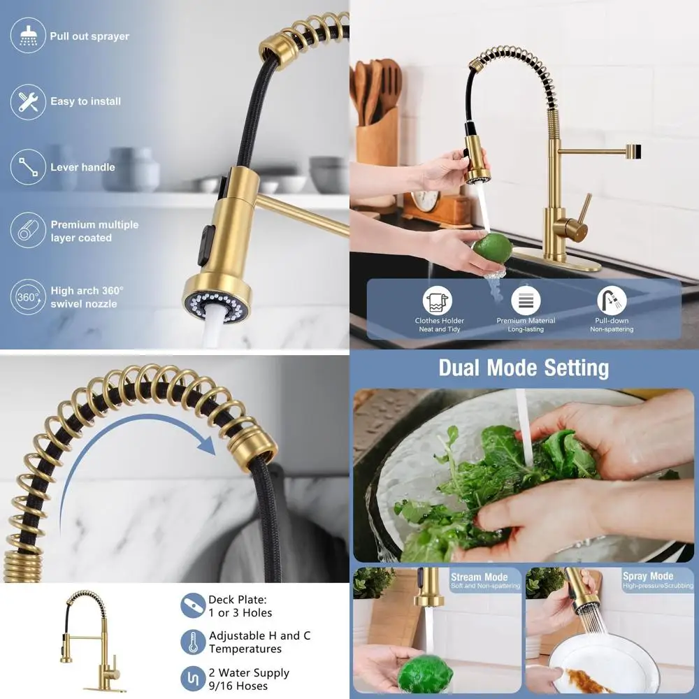 High Arc Pull-Down Sprayer Faucet in Brushed Gold for Single or 3-Hole Kitchen Sinks with Deck Plate, Suitable for Farmhouse and