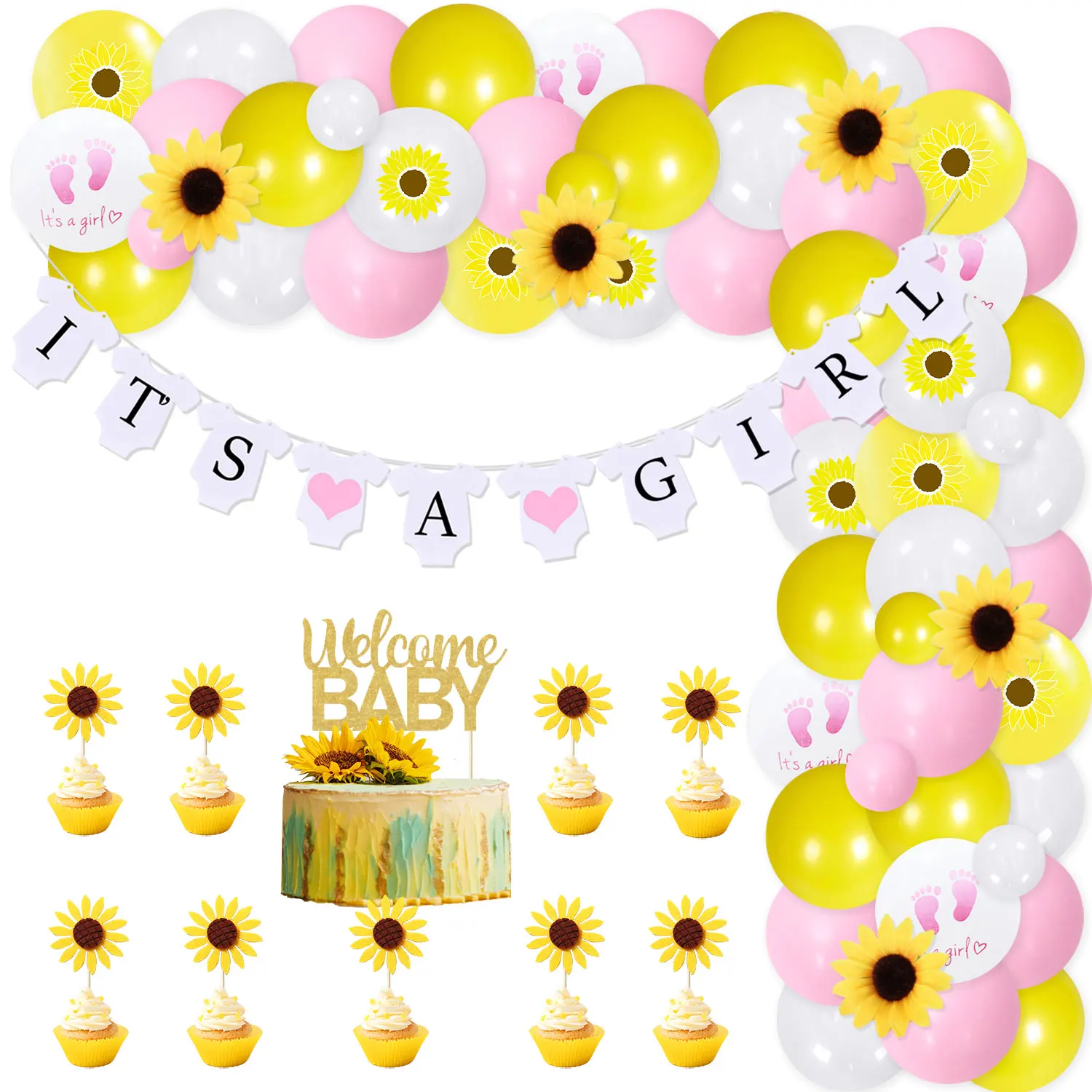 

Welcome Baby Girl Sunflower Theme Baby Shower Decor with It's A Girl Glitter Banner Garland Arch Kit for Birthday Party Supplies