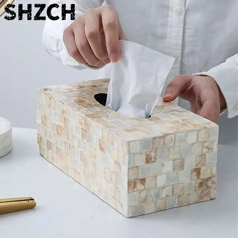 Handmade Natural Shell Tissue Paper Box. Study Room, Office, Dining Table Napkin Paper Drawer Storage Box.