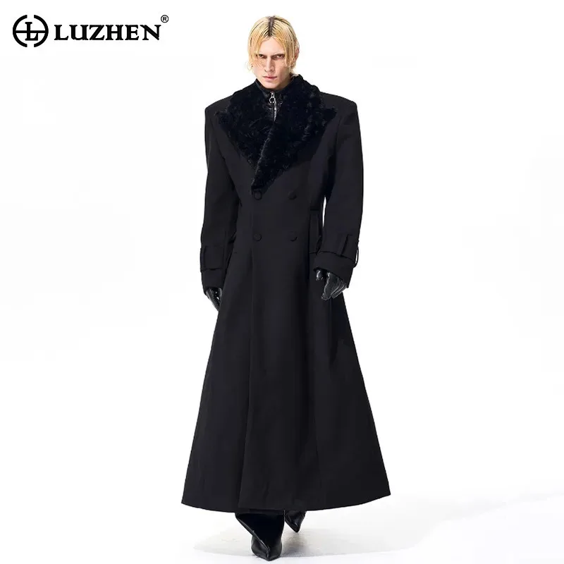 

LUZHEN модное роскошное красивое пальто длиной до колена с меховым вырезом в стиле пэчворк, мужская зимняя ветровка, новинка 2025, однотонный плащ JY4869