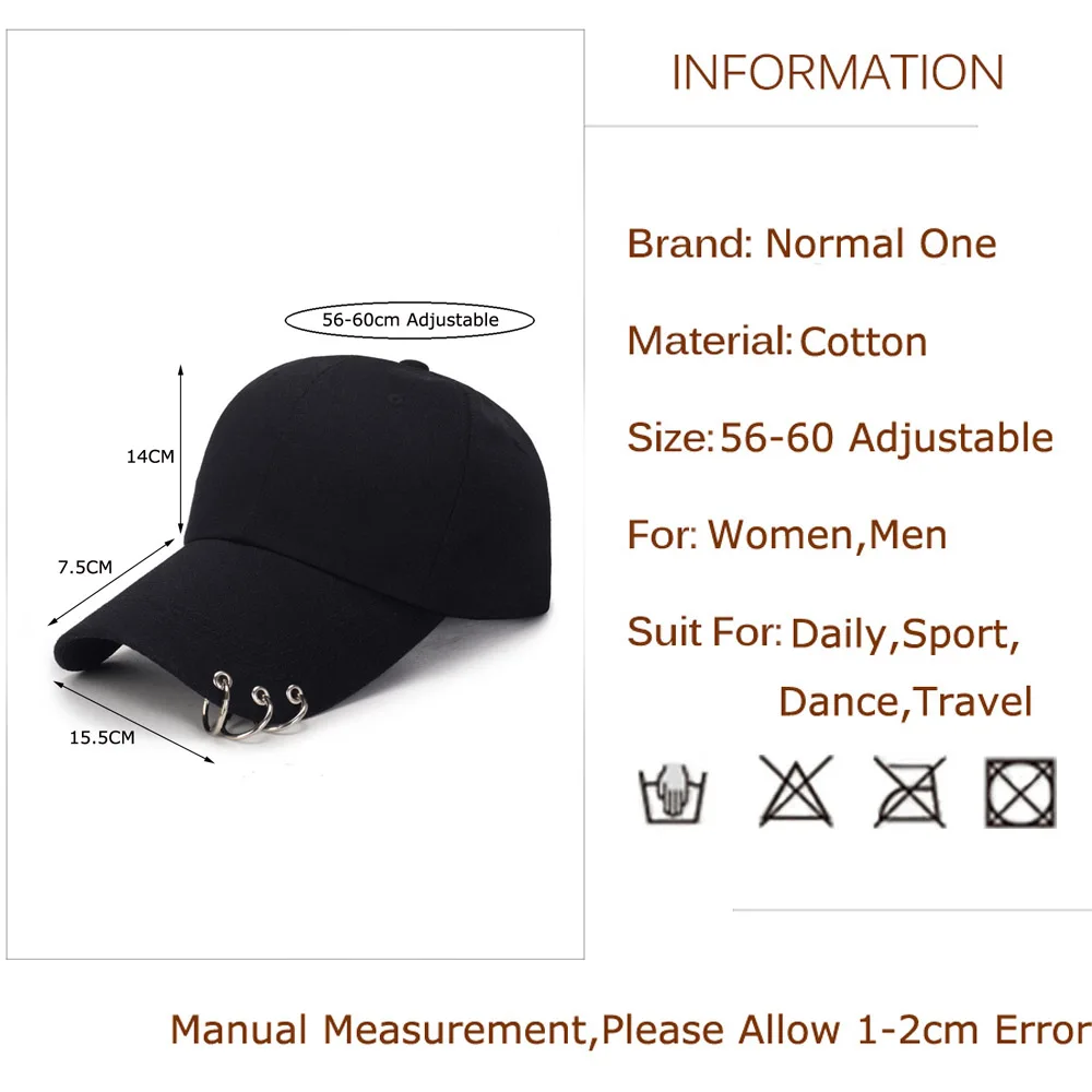 Women Men Hip Hop Kpop Snapback Baseball Cap Solid Color With Ring Sport Dancing Travel Lover Dad Hat Caps Streetwear Adjustable