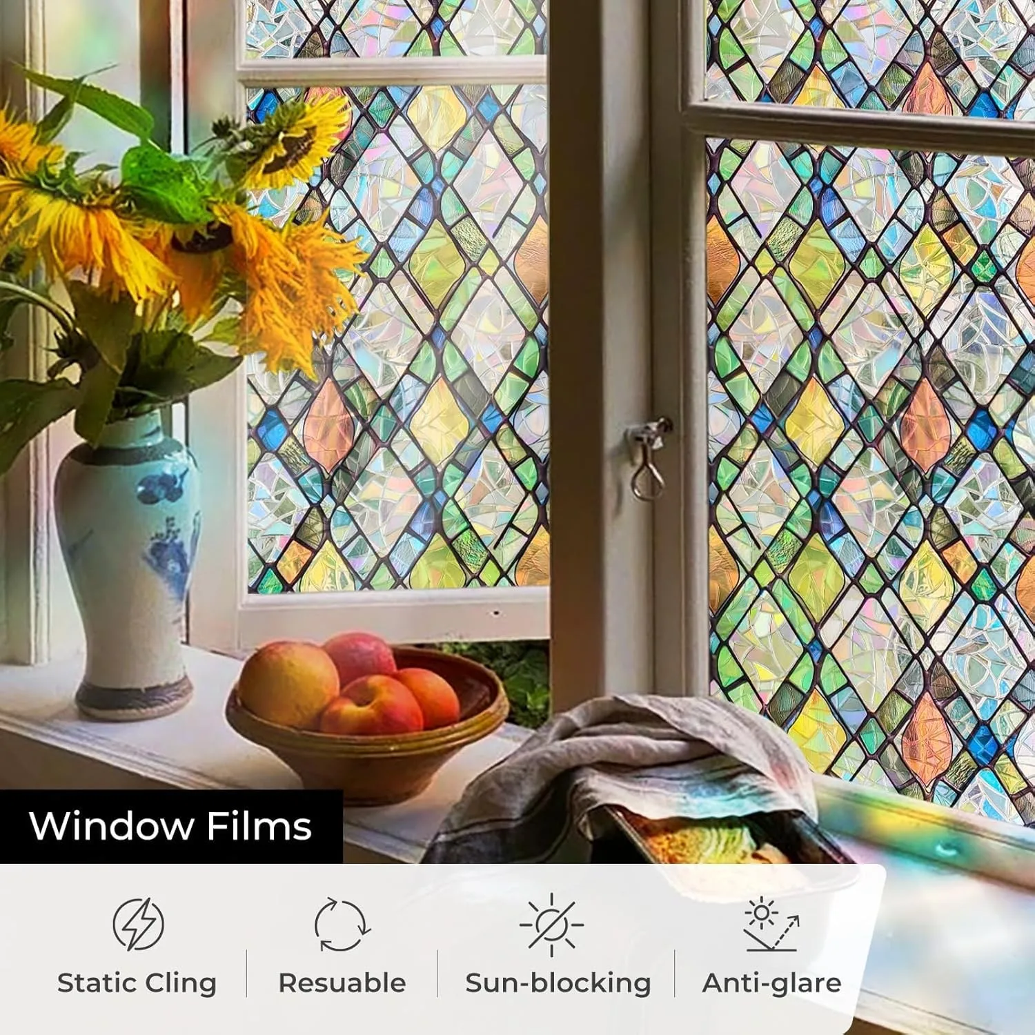 Window Privacy Film Stained Glass Decorative Static Cling, Removable Laser Sun Blocking Vinyl Covering,Window Film for Home