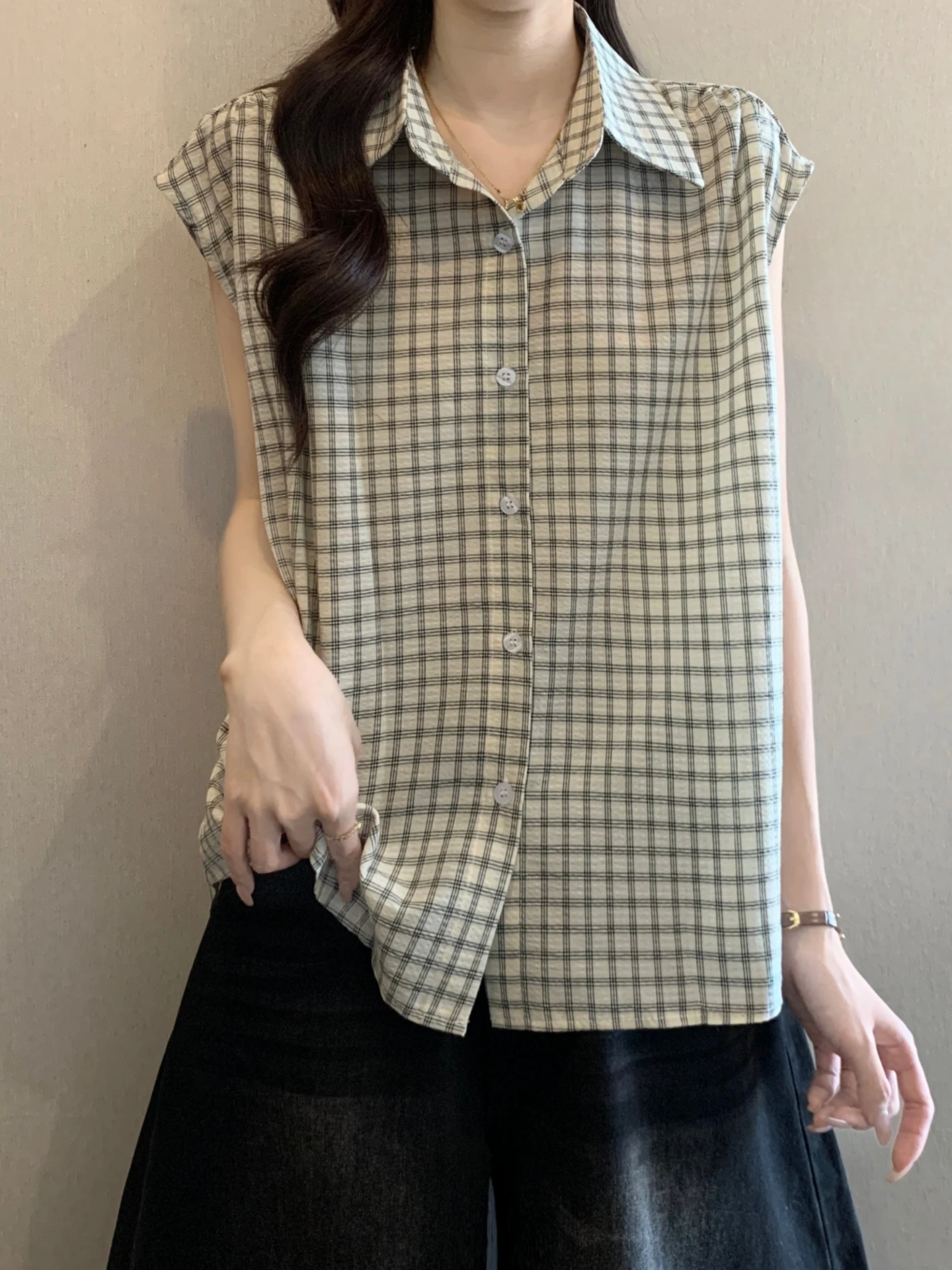 

Retro Hong Kong Style Plaid Short Sleeve Shirt Women Summer 2026 plus Size Slimming Base Layer Top Korean Style Loose Fit