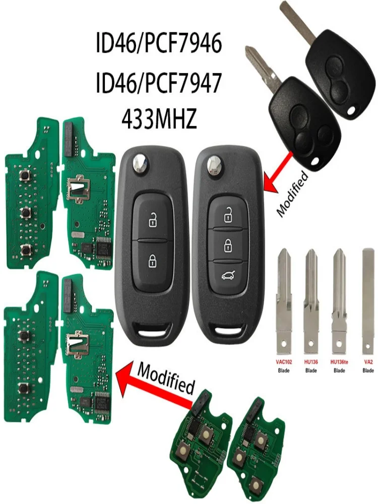 Clé de télécommande de voiture, puce ID46 PCF7946/7947 433MHz modifiée, pour Renault Logan Master Twingo Clio Kangoo Modus Traffic Dacia