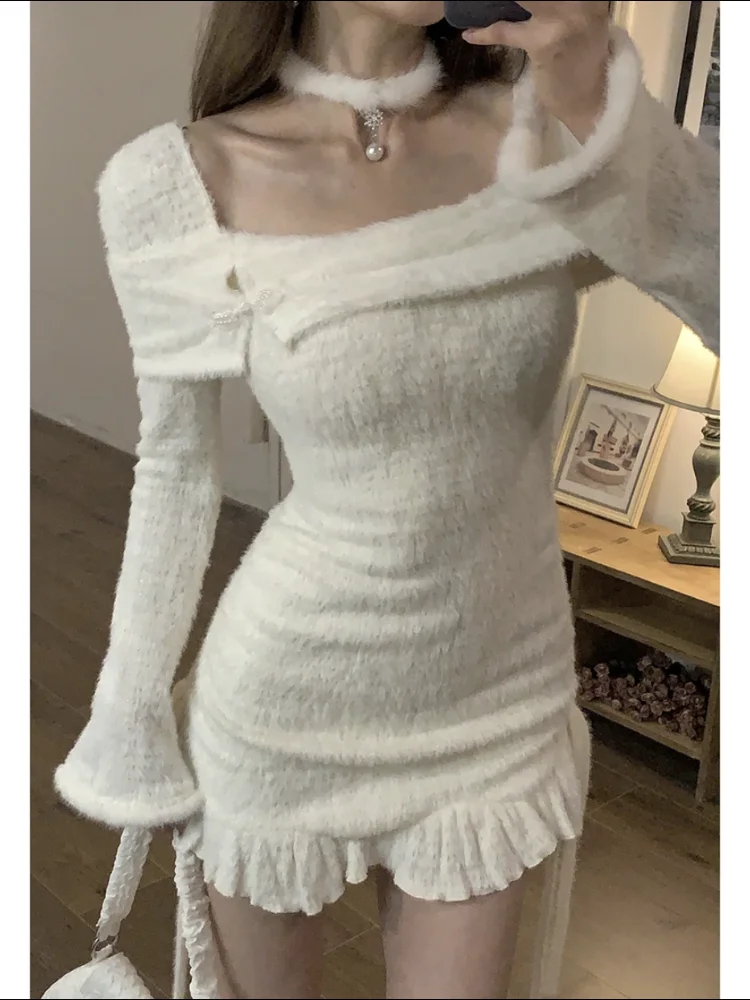 Casual Korean Long Sleeve Mini Dress Women Ruffles Design Sexy Bodycon Dress Female 2024 Autumn Warm Fashion Evening Party Dress