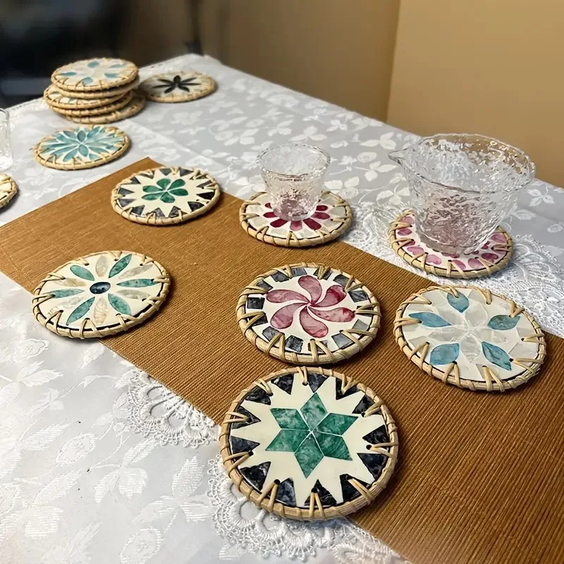 Colorful Rattan Coasters Featuring a Shell Design,  Protecting Surfaces from Heat And Moisture While Enjoying Tea Or Coffee