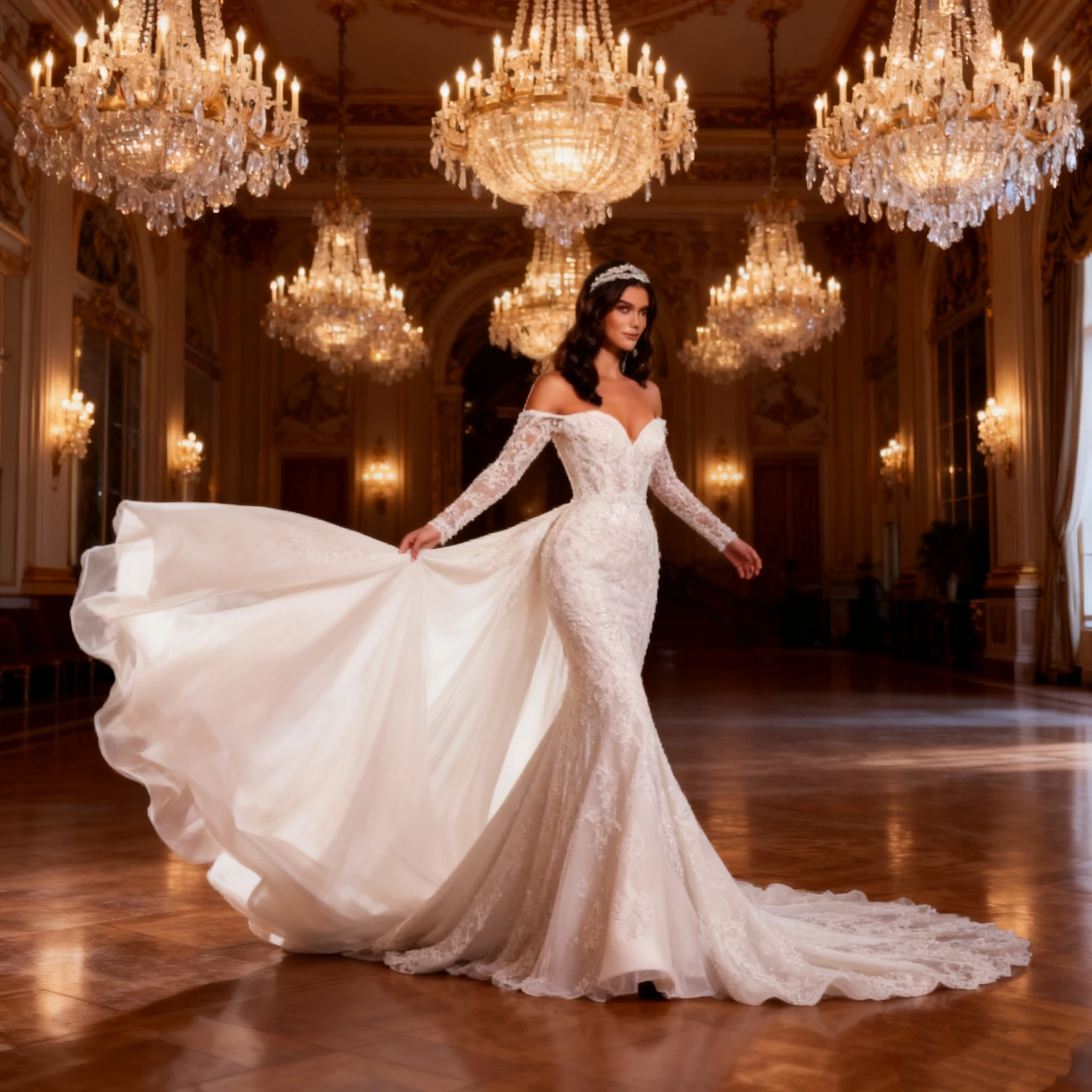 Alonlivn Luxurious Embroidery 2 In 1 Mermaid Bridal Gown Beading Appliques Lace Off Shoulder Sleeves Sweetheart Wedding Dress