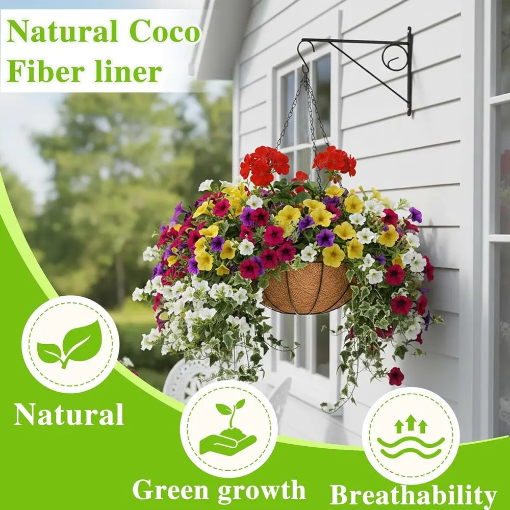 Set of 3 Metal Hanging Planters with 12 Inch Chain and Coconut Coir Liners for Outdoor Garden and Patio