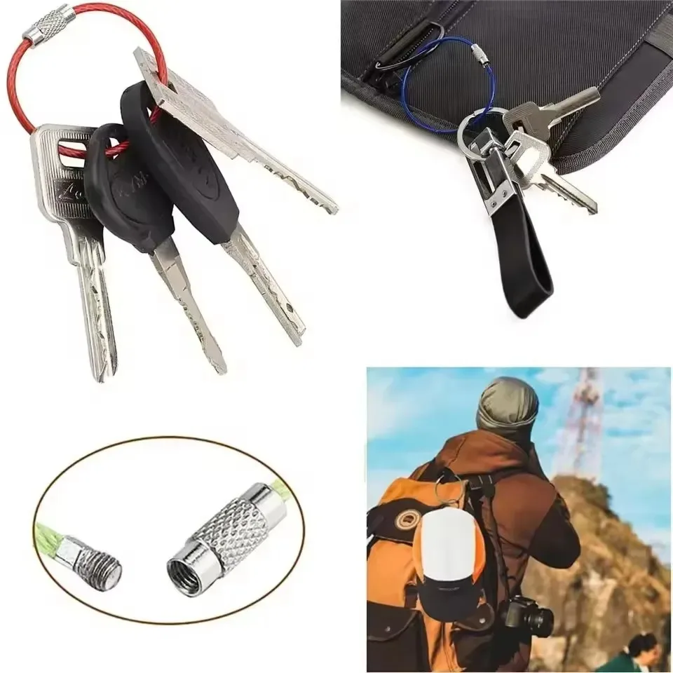 Stainless Steel Wire Rope Keychain Heavy Duty Cable Key Ring with Carabiner Outdoor Hiking Camping Tool for Keys Bags