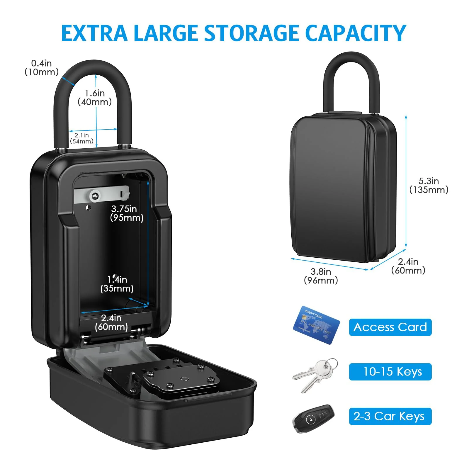 Outdoor Key Lock Box Waterproof Resettable Combination Lockbox with Spare Key Large Capacity Lock Box Portable Black Lock Box