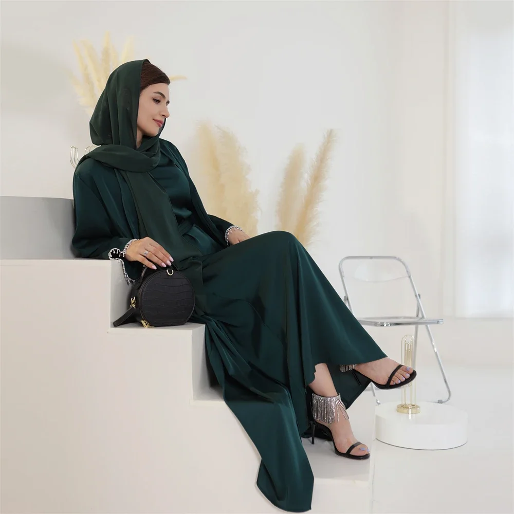 Diamonds Tassel Muslim Women Matching Outfits Kimono Open Abaya Dress 2 Pieces Set Satin Jalabiya Islamic Kaftan Kebaya Ramadan