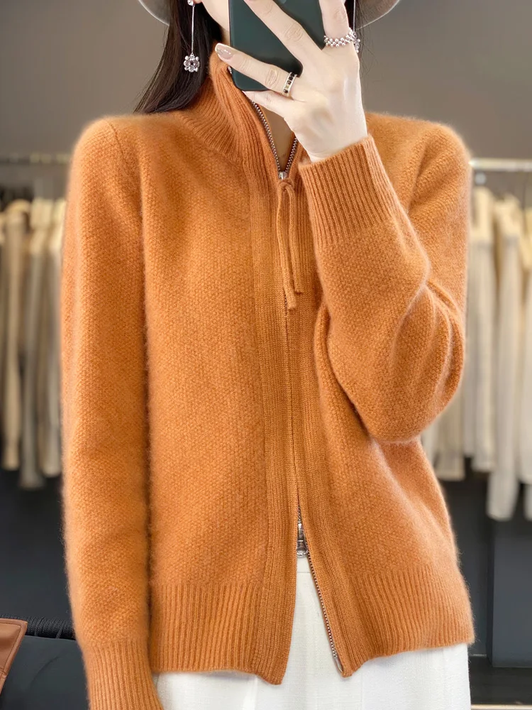 Women’s 100% Merino Wool Cardigan Stand-up Collar Zipper Sweater Autumn Winter Thick Cashmere  Knitwear Warm Long Sleeve Top