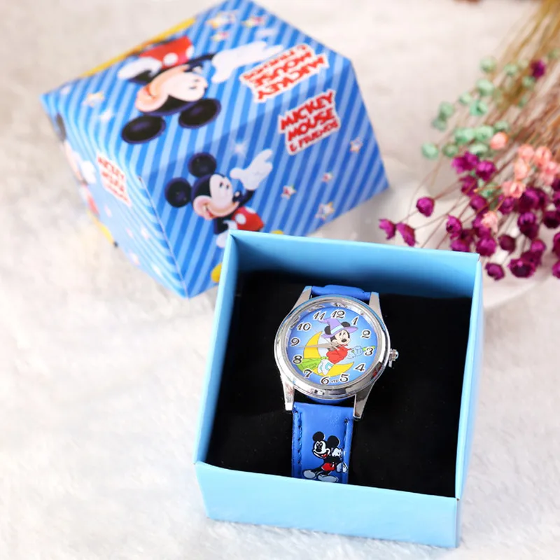 Disney Anime Mickey Mouse Watch with Box Kawaii Minnie Frozen Color Box Children\'s Watch Cartoon Kids Gifts Watch