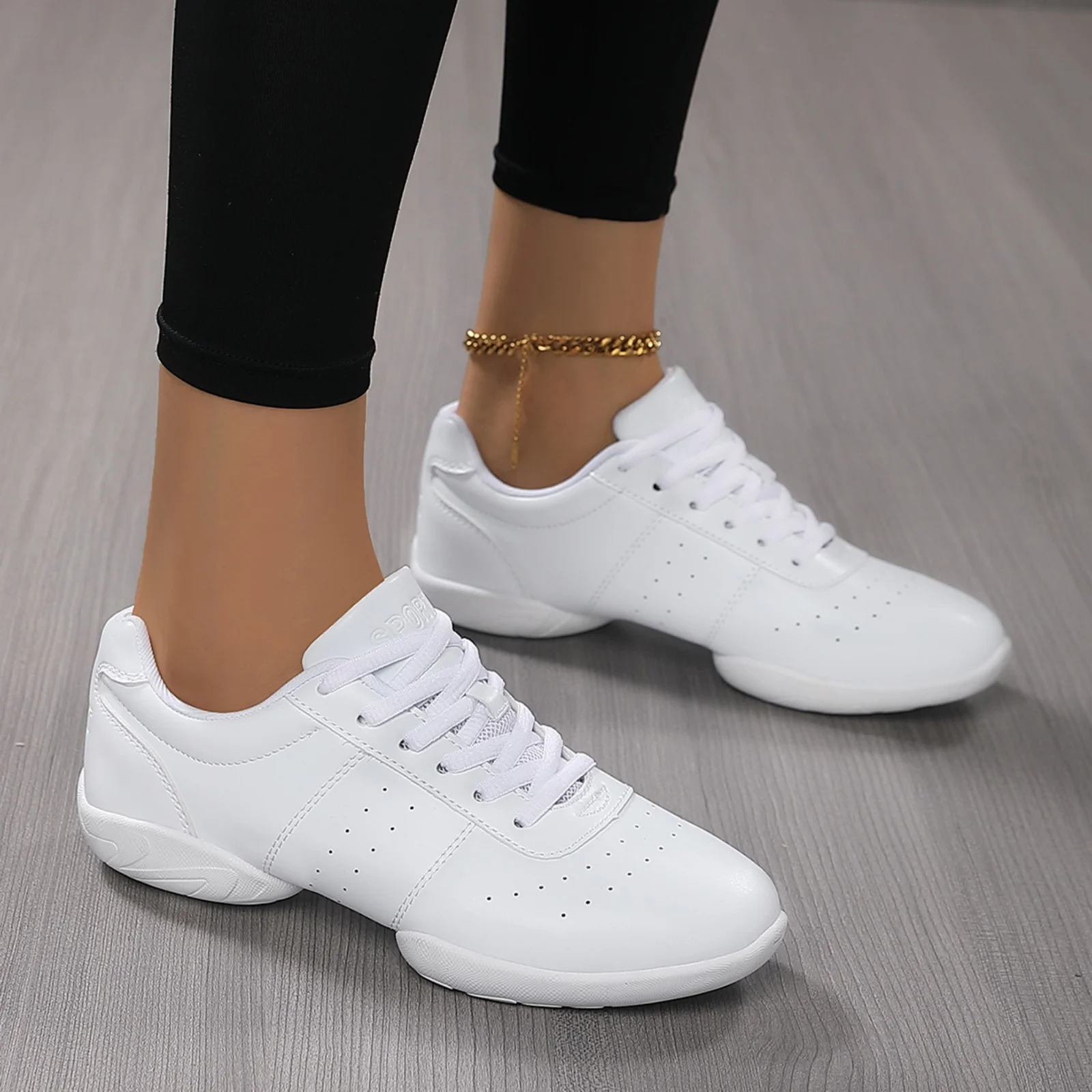 610Women's Leather Sports Shoes Lightweight Cheerleading Aerobics Sneakers Youth Teen Girls Non-slip Fitness Gym_desvips.com