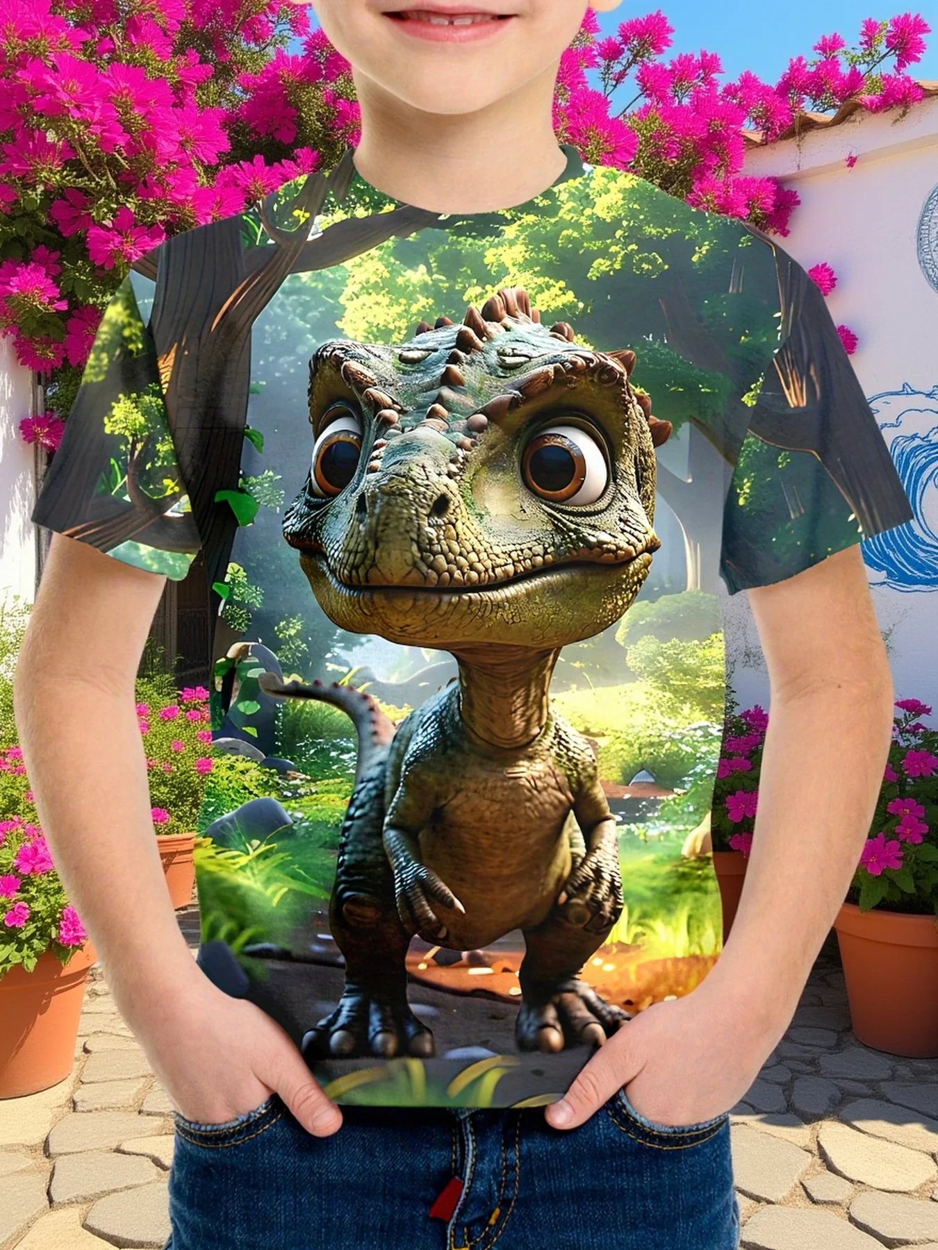 Boys‑3D‑Digital‑Print‑Cute‑Dinosaur‑Forest‑Adventure‑Casual‑Short‑Sleeve‑Summer‑Kids‑T‑Shirt