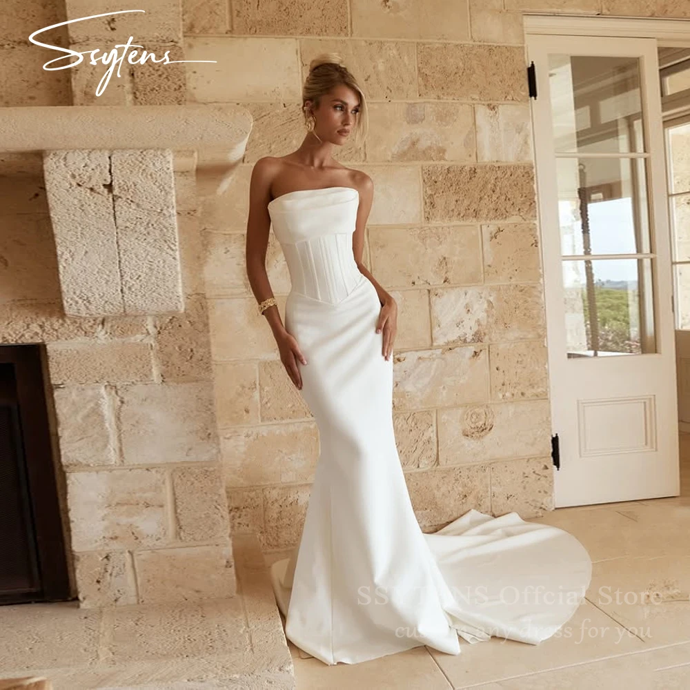 Ssytens simples sereia branco vestidos de casamento cetim sem costas vestido de noiva trem varredura vestido de noiva vestidos de fiesta personalizado