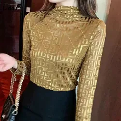 Slim Fashion Half High Collar Printed Tops Women's Clothing autumn winter All-match Long Sleeve Chic Diamonds T-shirt for Female