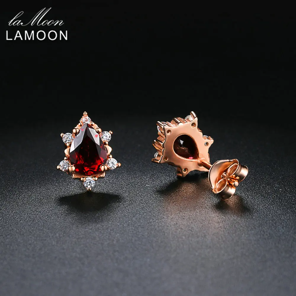 LAMOON 925 Sterling Silver Earrings For Women Garnet Gemstone Earrings 18K Rose Gold Plated Fine Jewelry Wedding Earring LMEI060