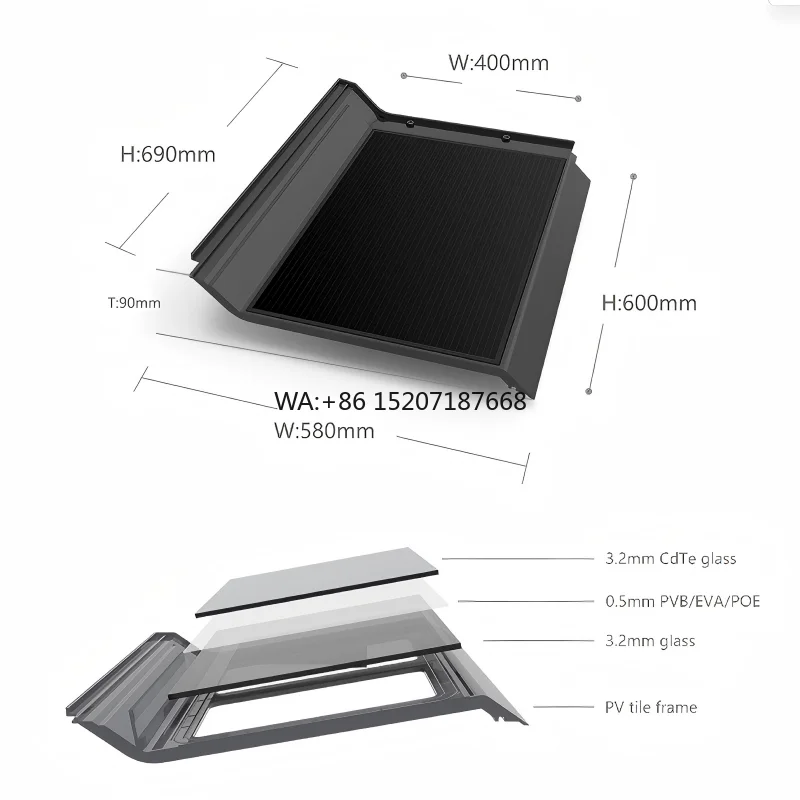 Efficiency CdTe Thin-film Technology 37.28V Eco-Friendly BIPV Double-glass Solar Roof Tiles for Residential Buildings 22.04W