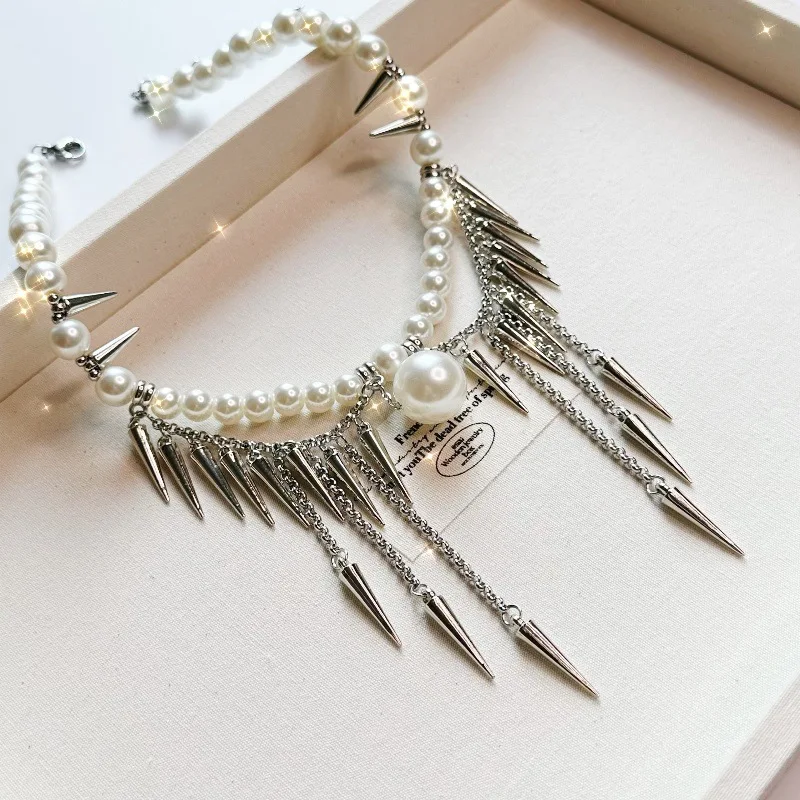 Draweye Rivets Tassels Necklaces for Women Punk Style Y2k Vintage Fashion Jewelry Hiphop Pearls Luxury Collares Para Mujer