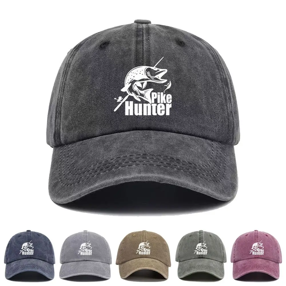 Vintage Washed Baseball Cap Pike Hunter Fisherman Fishing Print Graphic Unisex Streetwear Casual Trucker Style Summer Cotton Hat