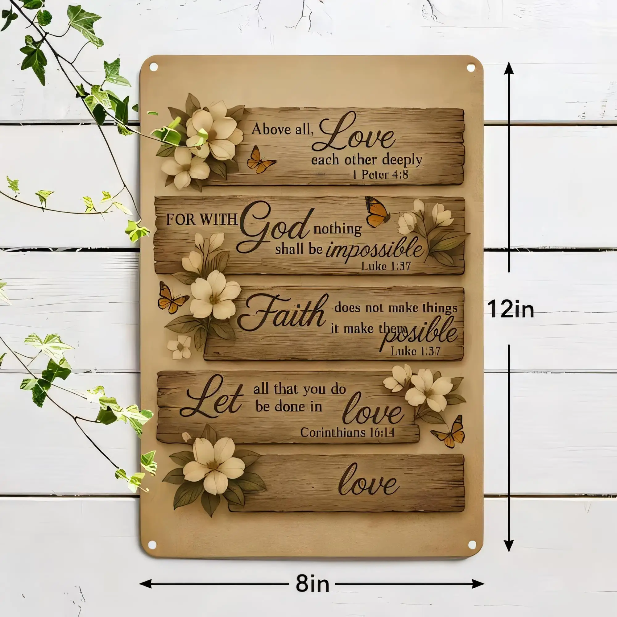 Tin Sign Wooden Cross Verse Wall Decor, Above All Love Corinthians 13:7 Let Faith God Shall Be Impossible Luke 1:37 Home Bible Q