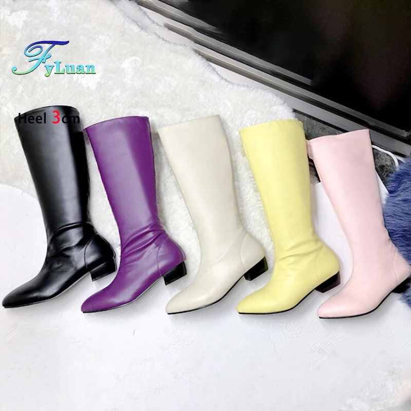 

Повседневные ботинки на низком каблуке 3 см, модная женская обувь в уличном стиле, осень-зима 2025 г., острые слипоны ярких цветов, длинные женские сапоги
