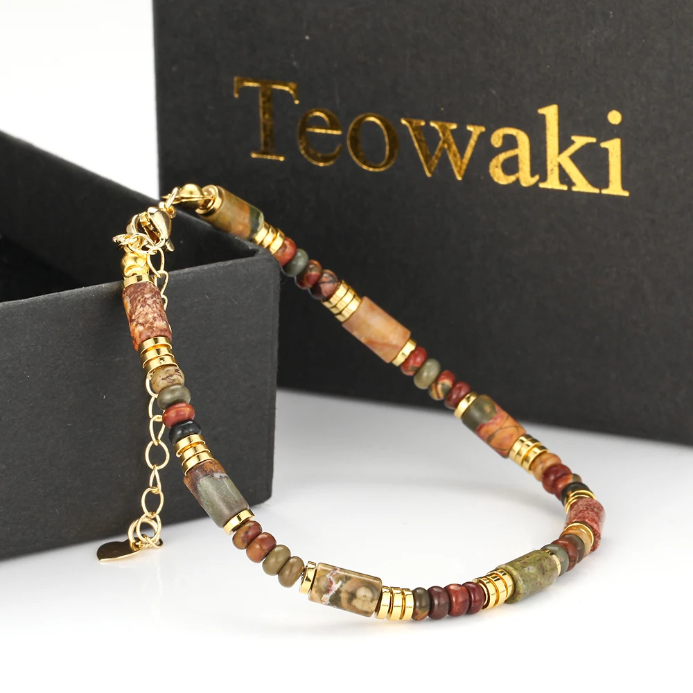 Teowaki Natural Stone Picasso Jasper Rondelle Bead Adjustable Bracelet Golden Plated Extension Chain Dainty Daily Jewelry 17+5cm