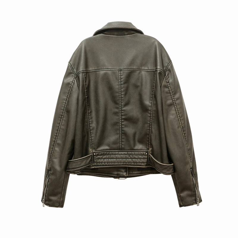 ladies 2025 new vintage do old washed leather imitation leather locomotive type PU jacket women's coat top