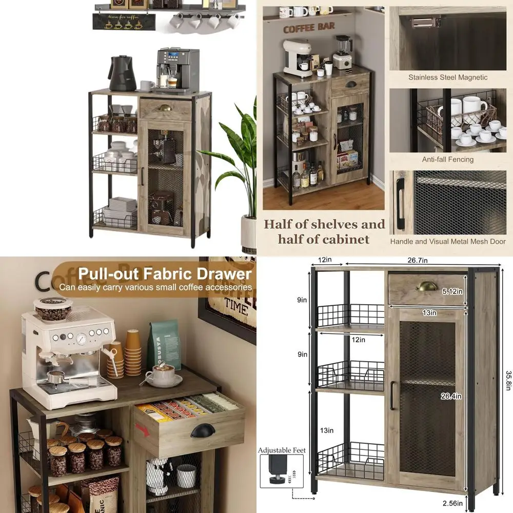 

Farmhouse-Style 3-Tier Coffee Table with Storage Drawer, 35.8 High, Adjustable Shelf for Kitchen and Dining Area - Grey Rustic W