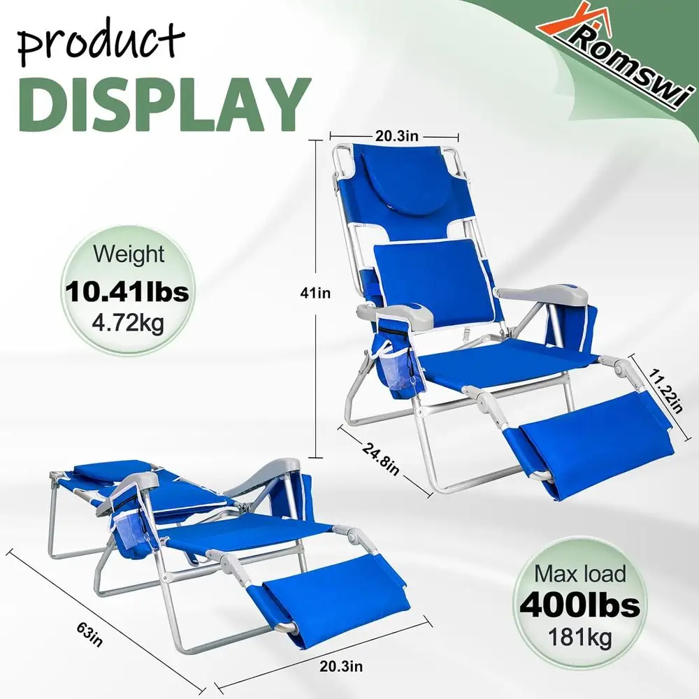 3 in 1 each Chair with ace Hole, Reclining Sun Tanning LounChair with oot Rest, Cooler ag & Cup Holder or Outdoor,Royal lue view 3