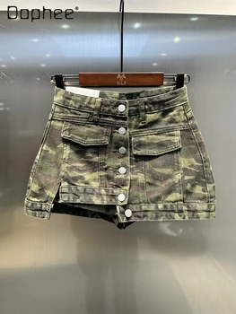 American Single Breasted Camouflage Denim Skirt Women 2024 Summer Asymmetry A Line Hip Wrapped Mini Skirt Street Fashion