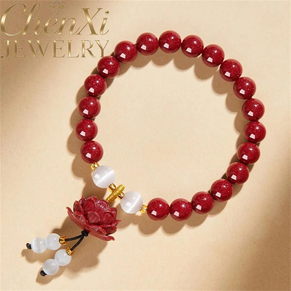 

Элитный браслет из киновари с бусинами в форме лотоса, роскошное модное ювелирное украшение, изысканный элегантный популярный подарок для молодежи