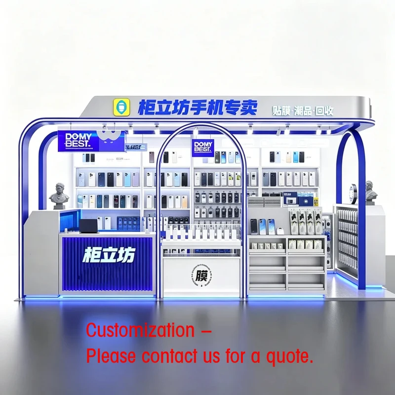 custom.Phone Retail Kiosk & Booth Fixtures | Custom Tech-Themed Blue & White Design | Complete Mall Shop Solutions