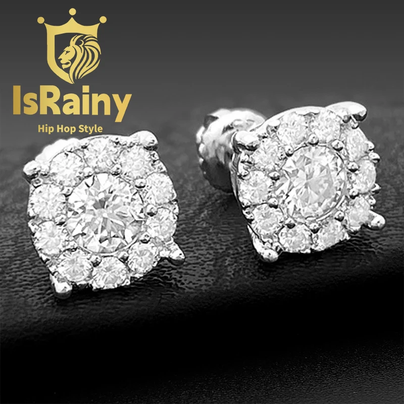 IsRainy Hip Hop Rock 100% 925 Sterling Silver VVS1 D Color Real GRA Moissanite Full Diamonds Round Earring Jewelry Wholesale