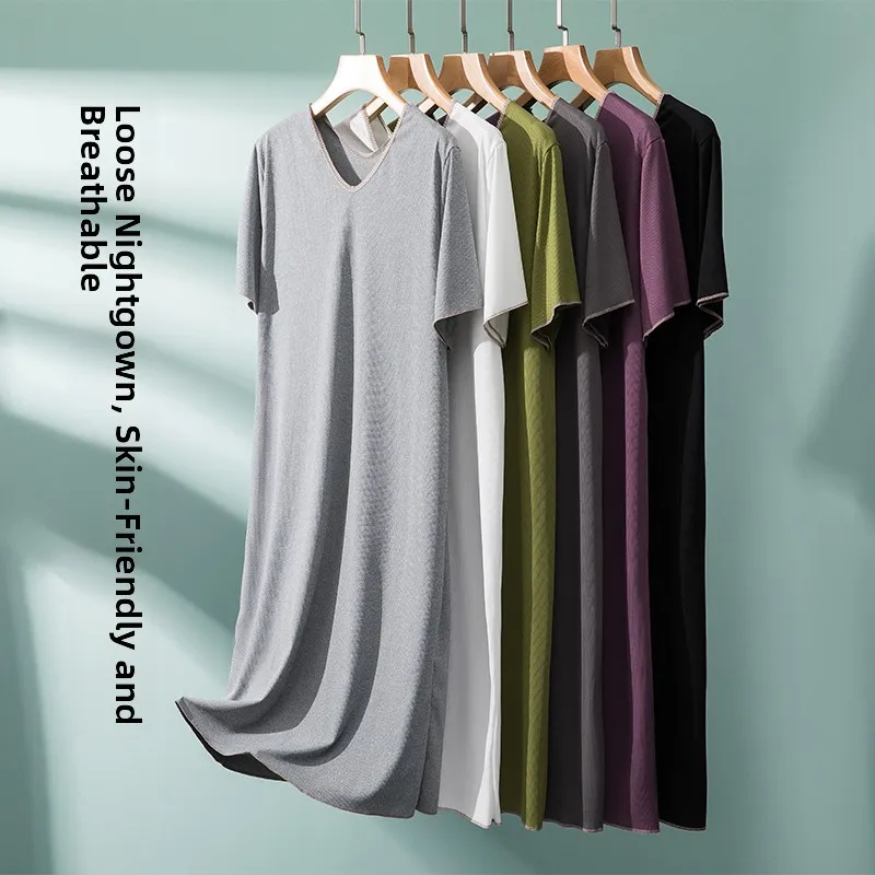 فستان نوم نسائي صيفي قصير الأكمام من المودال، فستان طويل فضفاض برقبة على شكل V، ملابس نوم منزلية من مزيج البوليستر والسباندكس #2