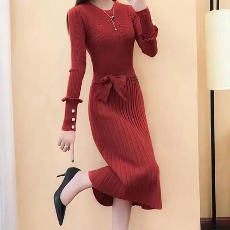 Spring Autumn New Women's Pullovers Solid Color O-Neck Screw Thread Bow Button Dress Fashion Simplicity Casual Long Sleeve Tops